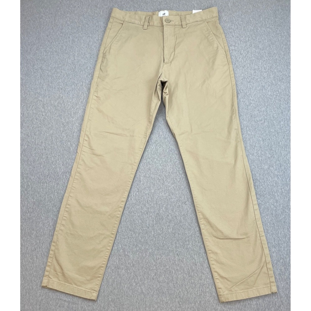 H&M Pants Mens 30 x 32 Beige Cotton Blend Stretch Slim Fit Flat Front Chino
